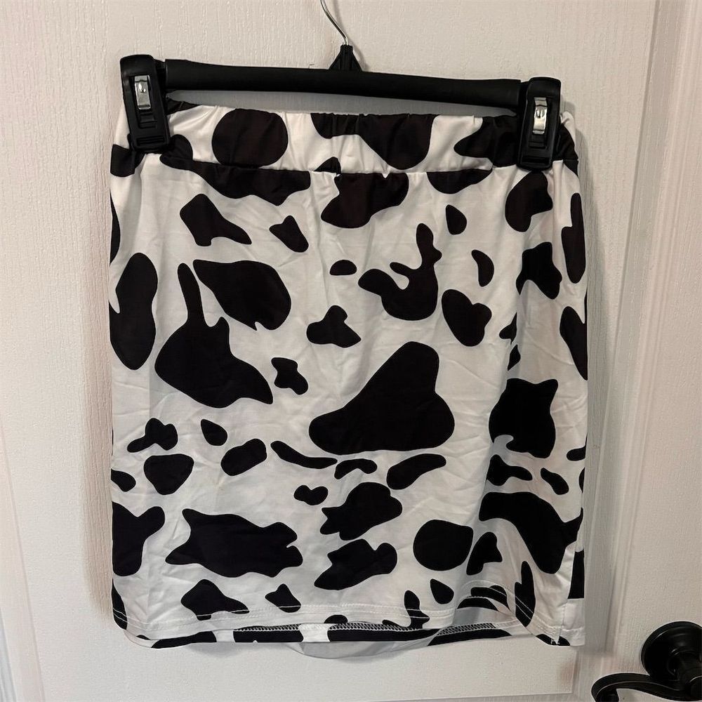 Womens Cow Print Mini Skirt Black‎ White Ruched Side Slit Elastic Waist Size M